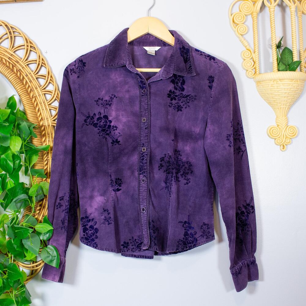 VTG Purple Burnout Floral Corduroy Blouse Tie Dye Effect Button Down Dark Autumn